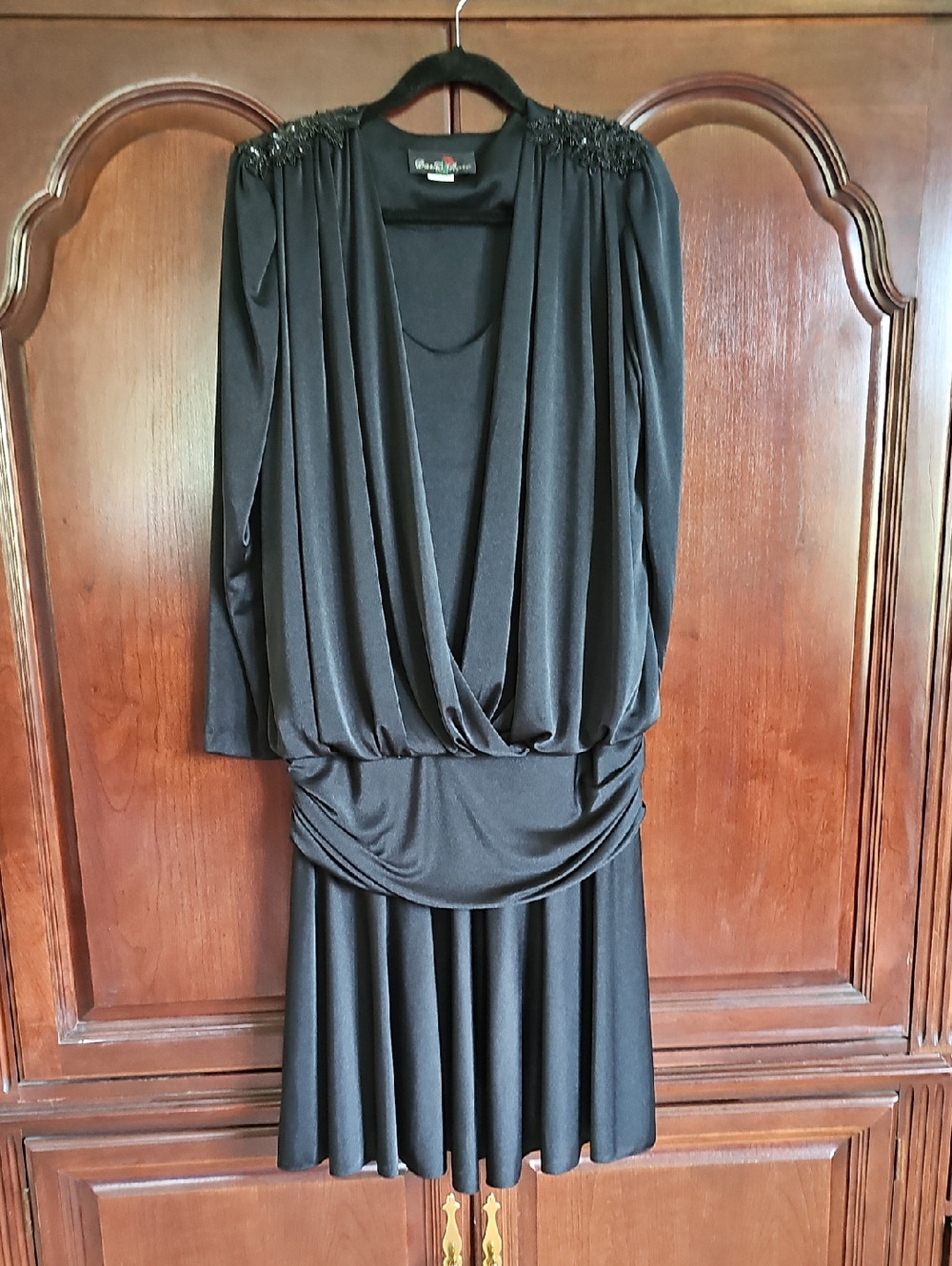 Beaded-Shoulder Black Long-Sleeve Draped Cocktail Dress